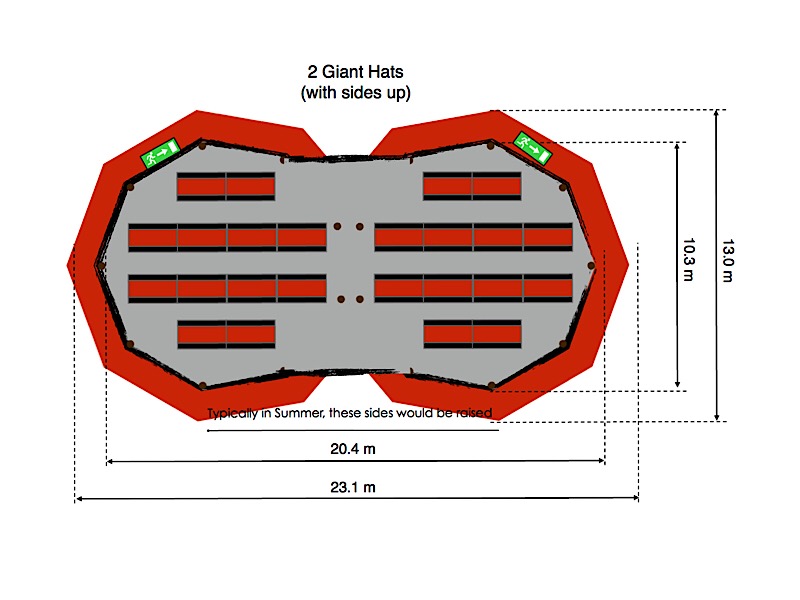 Floorplan for 2 tipis, one containing 9 sets of tables around a firepit, the other containing a stage, with 8 tables looking towards it