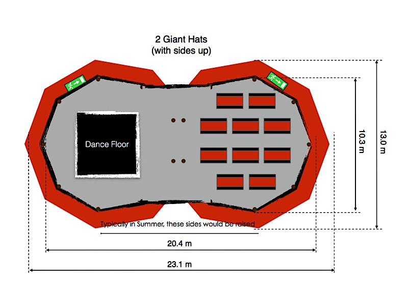 Floorplan for 2 tipis, one containing 12 sets of tables arranged into rows, the other containing a dancefloor, with 9 tables in a horseshoe around it