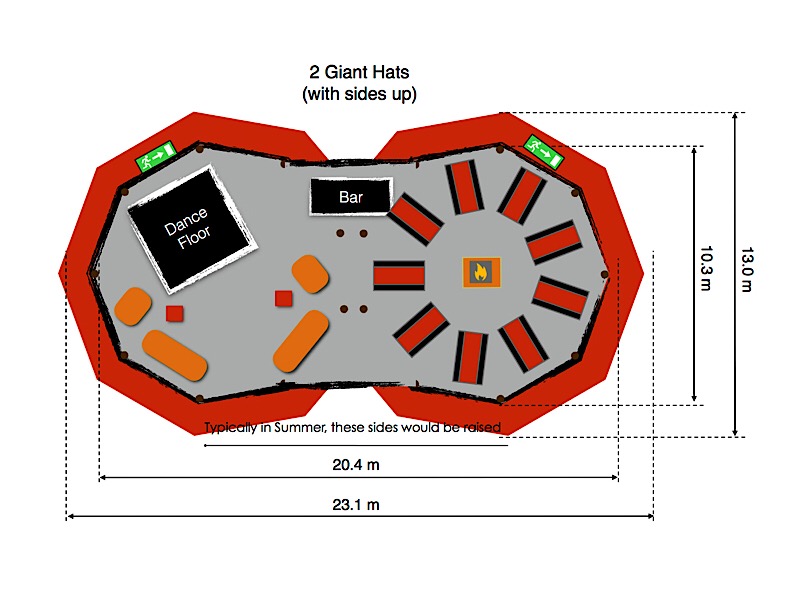 Floorplan for 2 tipis, each containing 12 sets of tables, arranged into rows