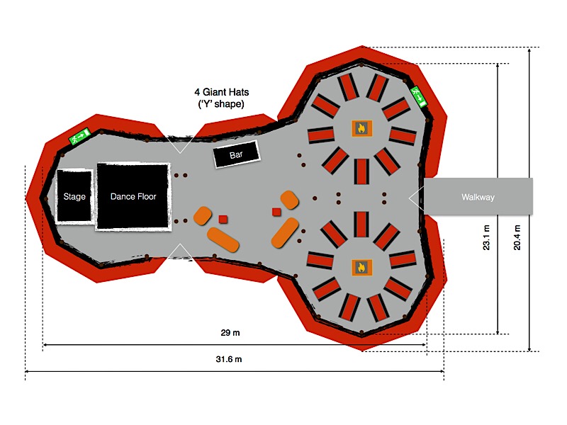 Floorplan for 1 tipi diameter of 10.3 metres, 9 sets of tables around a firepit in the centre.