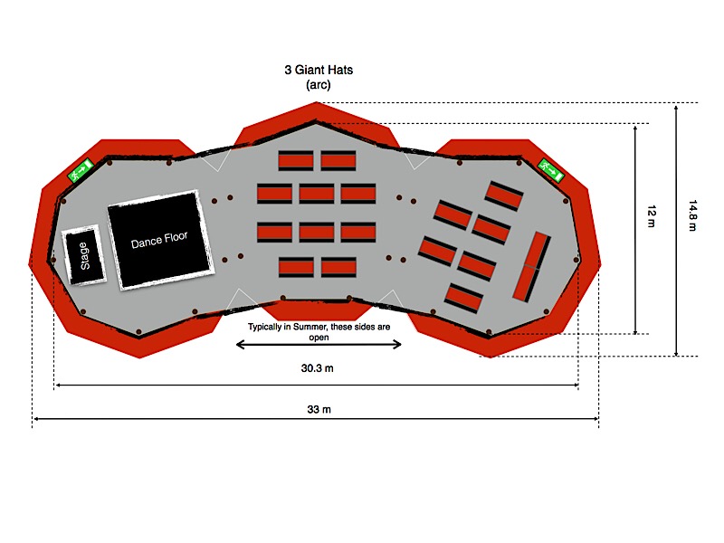 Floorplan for 1 tipi diameter of 10.3 metres, 9 sets of tables around a firepit in the centre.